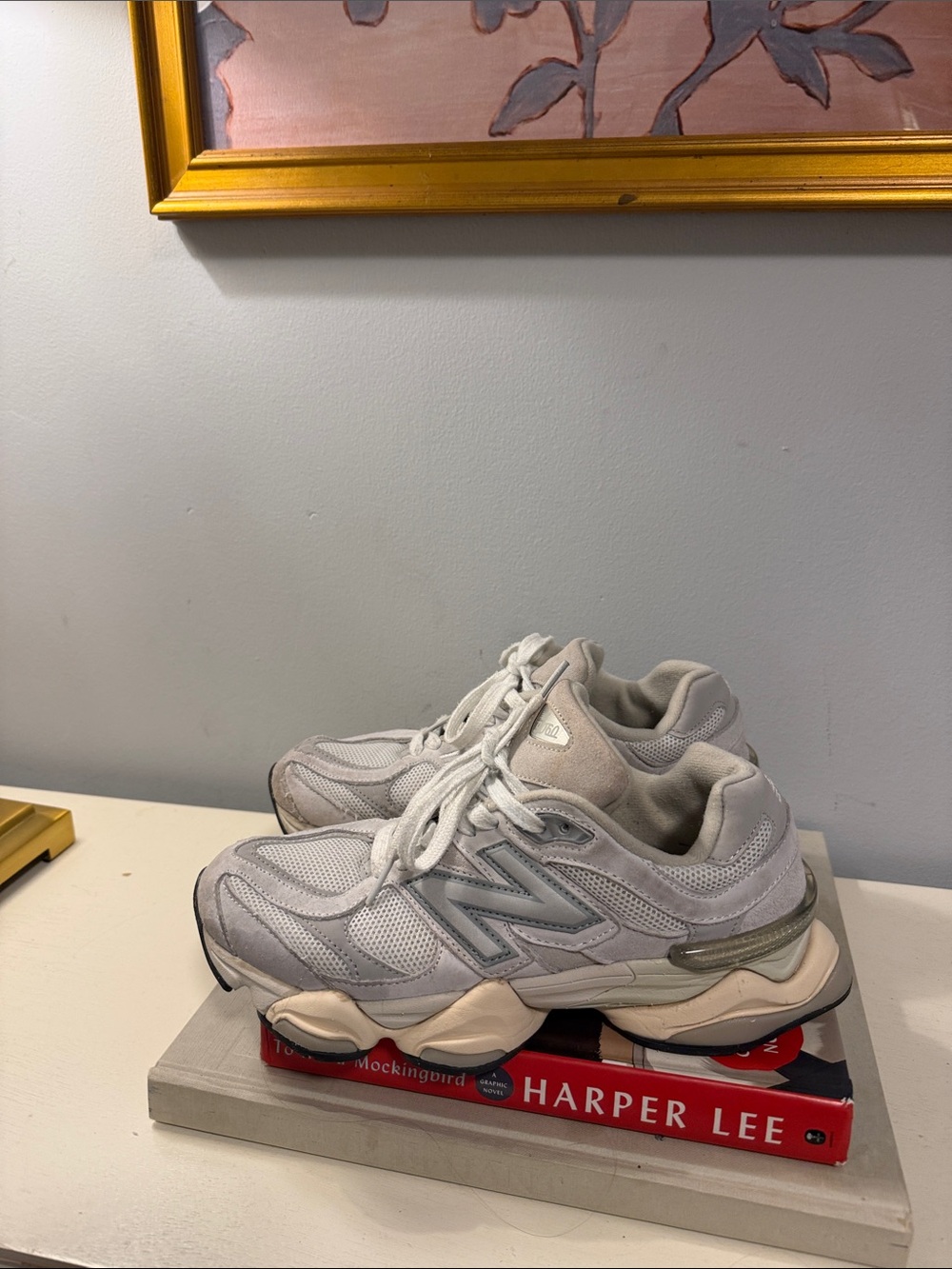 New Balance Women's 9060 Light Gray Mesh and Suede Sneakers